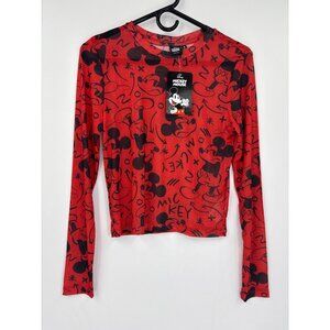 Disney Mickey Mouse Print Long Sleeve Sheer Mesh Top Shirt Red Black Medium NEW
